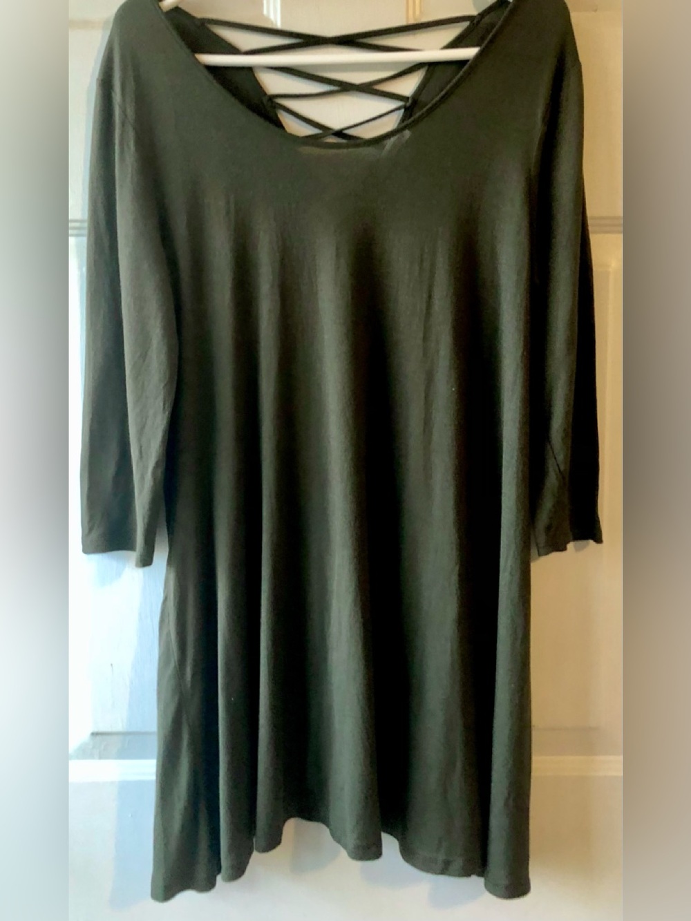Zenana Outfitters Olive Green Criss Cross Lace Up Back Knit Mini Dress Large